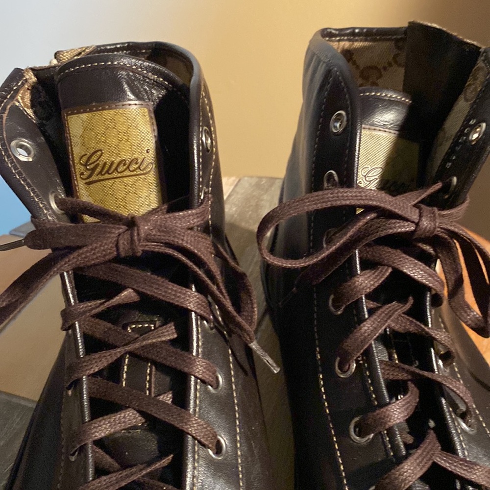 Mens Brown Vintage Gucci Hightop Leather Sneakers Size 9. - Picture 6 of 9